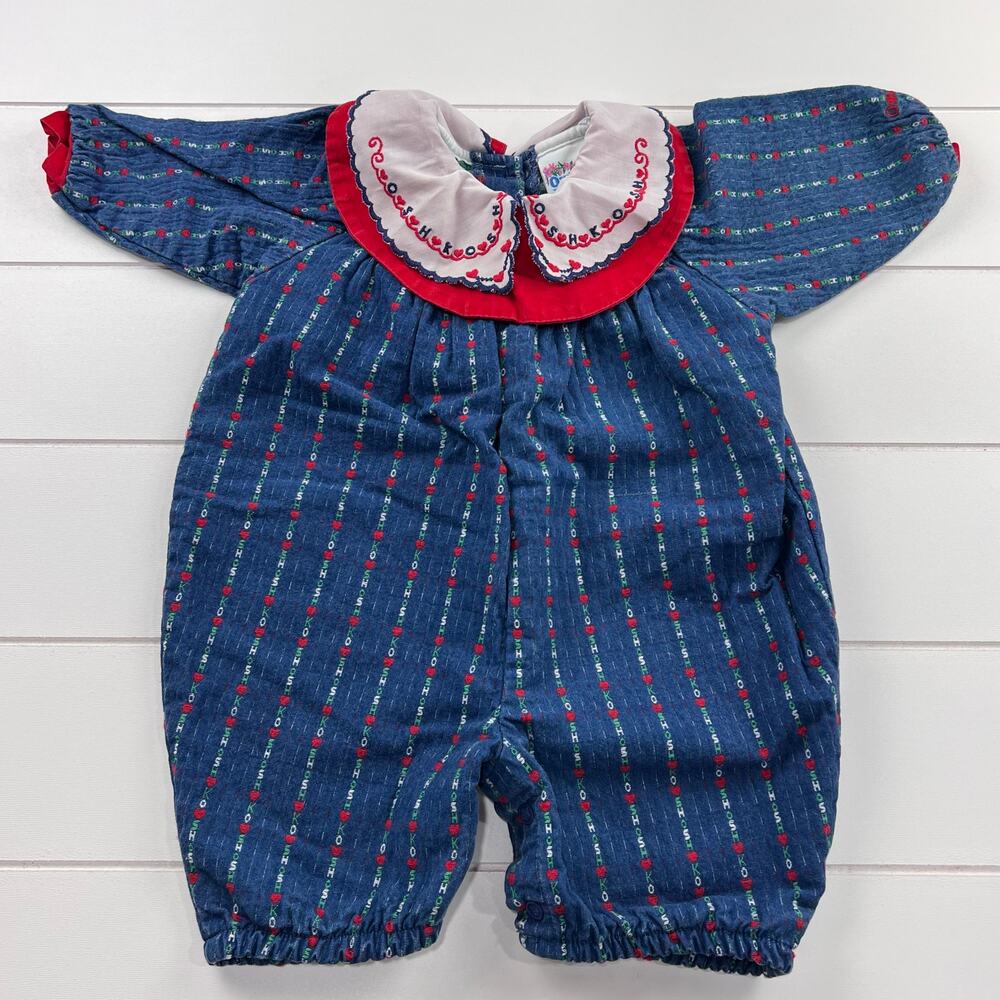 OshKosh B'gosh Vintage Embroidered Hearts Denim Romper Girls size 6-9 MNS USA